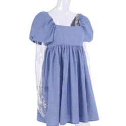 Square Collar Puffed Sleeves Plain Color Linen A-line Dress 210524703 -Amour Vert shop 210524703 7