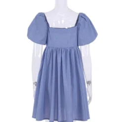 Square Collar Puffed Sleeves Plain Color Linen A-line Dress 210524703 -Amour Vert shop 210524703 8