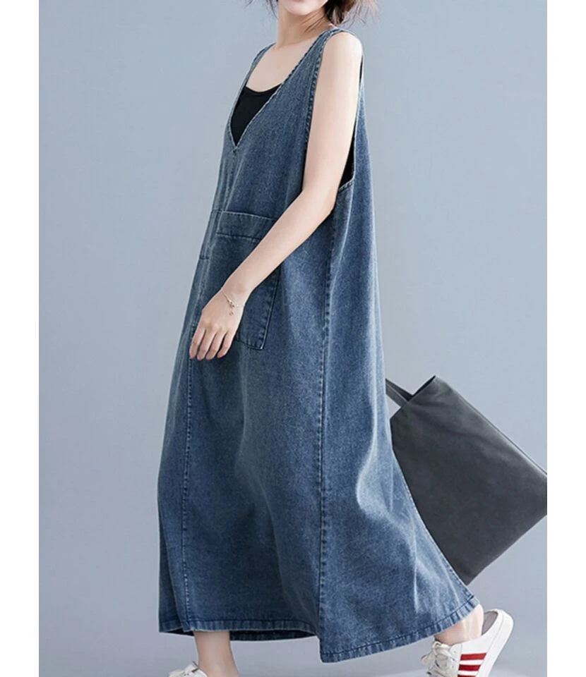 Oversize V-collar Solid Color Hem Split Pocket Denim Tank Dress 210528233 6 Oversize V-collar Solid Color Hem Split Pocket Denim Tank Dress 210528233 - Image 4