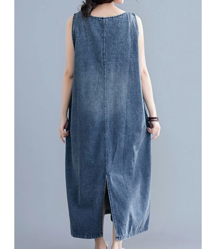Oversize V-collar Solid Color Hem Split Pocket Denim Tank Dress 210528233 5 Oversize V-collar Solid Color Hem Split Pocket Denim Tank Dress 210528233 - Image 3