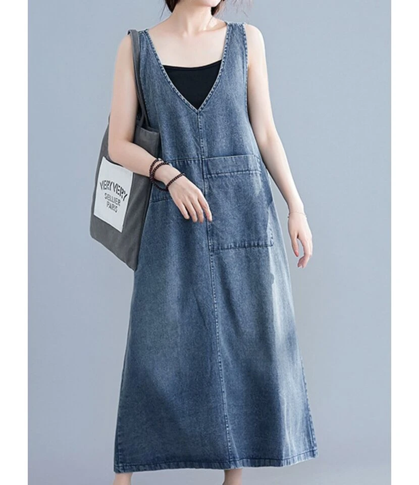 Oversize V-collar Solid Color Hem Split Pocket Denim Tank Dress 210528233 3 Oversize V-collar Solid Color Hem Split Pocket Denim Tank Dress 210528233