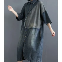 Colorblock Lapel Neck Single-breasted Stitching Oversize Denim Dress 210528496 -Amour Vert shop 210528496 2