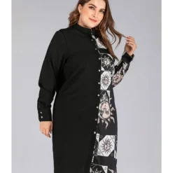 Plus Size Retro Contrast Print Stitching Button Shirt Dress 210531730 -Amour Vert shop 210531730 3