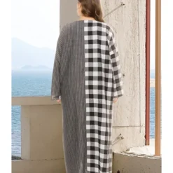 Plus Size Plaid Stitching Stripes Pocket Long Sleeve Maxi Dress 210531896 -Amour Vert shop 210531896 3