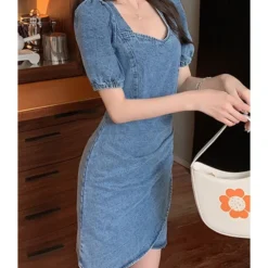 Square Collar Lantern Sleeve Elastic Cuff Surplice Bottom Denim Dress 210601521 -Amour Vert shop 210601521 2