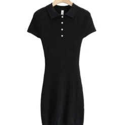 Lapel Button Knit Short Sleeve Plain Bodycon Dress 210601763 -Amour Vert shop 210601763 3 1