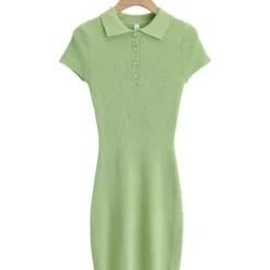 Lapel Button Knit Short Sleeve Plain Bodycon Dress 210601763 -Amour Vert shop 210601763 4 1