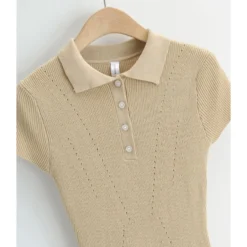 Lapel Button Knit Short Sleeve Plain Bodycon Dress 210601763 -Amour Vert shop 210601763 6