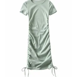 Solid Color Smock Lace-up Short Sleeve Bodycon Dress 210601979 -Amour Vert shop 210601979 7 1