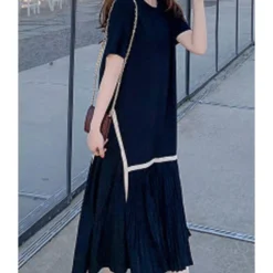 Plus Size Crew Neck Stitching Pleated Hem Chiffon Dress 210602597 -Amour Vert shop 210602597 3