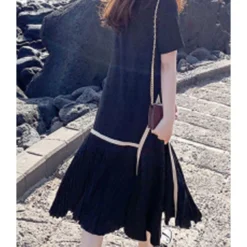 Plus Size Crew Neck Stitching Pleated Hem Chiffon Dress 210602597 -Amour Vert shop 210602597 4