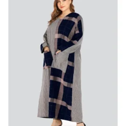 Plus Size V Neck Gingham Striped Stitching Maxi Dress 210621652