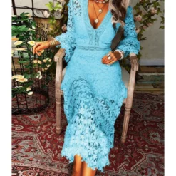 V Neckline Lace Hollow Swing Dress 210628134 -Amour Vert shop 210628134 1