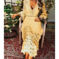 V Neckline Lace Hollow Swing Dress 210628134 -Amour Vert shop 210628134 2