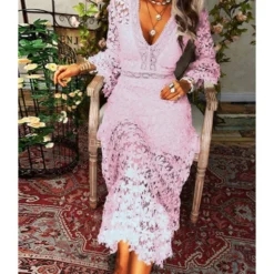 V Neckline Lace Hollow Swing Dress 210628134 -Amour Vert shop 210628134 3