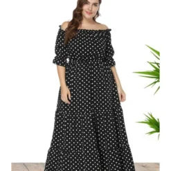 Plus Size Off Shoulder Ploka Dot Fungus Hem Maxi Dress 210722138 -Amour Vert shop 210722138 1