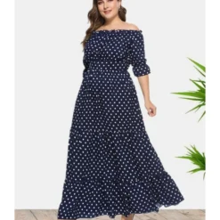Plus Size Off Shoulder Ploka Dot Fungus Hem Maxi Dress 210722138