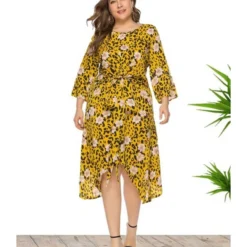 Plus Size Lace Floral Print Lace-up Waist Swing Dress 210722215 -Amour Vert shop 210722215 1