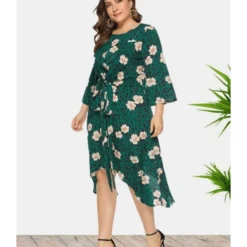 Plus Size Lace Floral Print Lace-up Waist Swing Dress 210722215
