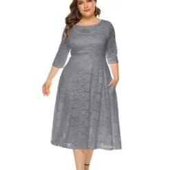 Plus Size Lace Hollow Pocket Detail Evening Dress 210722587 -Amour Vert shop 210722587 10