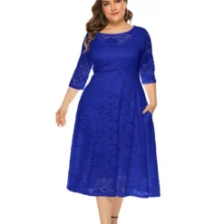 Plus Size Lace Hollow Pocket Detail Evening Dress 210722587 -Amour Vert shop 210722587 11
