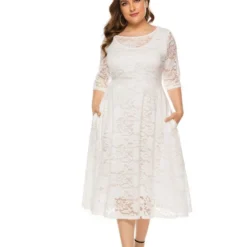 Plus Size Lace Hollow Pocket Detail Evening Dress 210722587 -Amour Vert shop 210722587 1