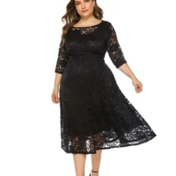 Plus Size Lace Hollow Pocket Detail Evening Dress 210722587 -Amour Vert shop 210722587 2