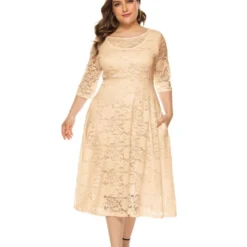 Plus Size Lace Hollow Pocket Detail Evening Dress 210722587 -Amour Vert shop 210722587 3