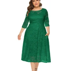 Plus Size Lace Hollow Pocket Detail Evening Dress 210722587 -Amour Vert shop 210722587 4