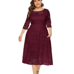 Plus Size Lace Hollow Pocket Detail Evening Dress 210722587 -Amour Vert shop 210722587 9
