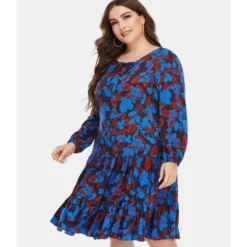 Floral Pattern Loose Long Sleeve Round Neck Plus Size Dress 210722623