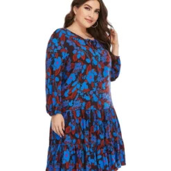 Floral Pattern Loose Long Sleeve Round Neck Plus Size Dress 210722623 -Amour Vert shop 210722623 2