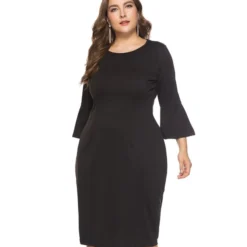 Large Size Crew Neck Flare Sleeve Slim Dress 210722824 -Amour Vert shop 210722824 2