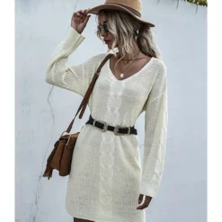 Loose Pure Color V-neck Crochet Knit Sweater Dress Without Belt 210730100 -Amour Vert shop 210730100 1