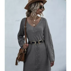 Loose Pure Color V-neck Crochet Knit Sweater Dress Without Belt 210730100