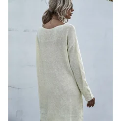 Loose Pure Color V-neck Crochet Knit Sweater Dress Without Belt 210730100 -Amour Vert shop 210730100 3