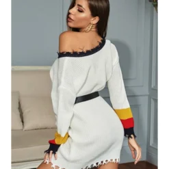 Colorblock V-neck Fringe Trim Loose Sweater Dress 210730738 -Amour Vert shop 210730738 2