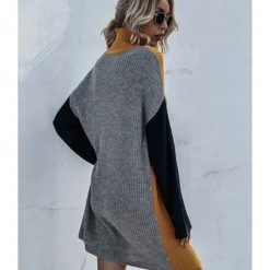 Mock Neck Colorblock Stitching Sweater Dress Without Belt 210730867 -Amour Vert shop 210730867 2