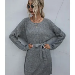 Short Sweater Dress Loose Tie Up Casual 210803431