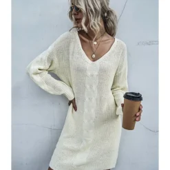 Casual Knitting Short Dress V-neck Twist 210803584