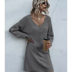 Casual Knitting Short Dress V-neck Twist 210803584 -Amour Vert shop 210803584 2