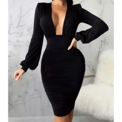 Midi Dress Bodycon Solid Low Cut 210810946 -Amour Vert shop 210810946 3