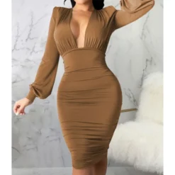 Midi Dress Bodycon Solid Low Cut 210810946 -Amour Vert shop 210810946 4