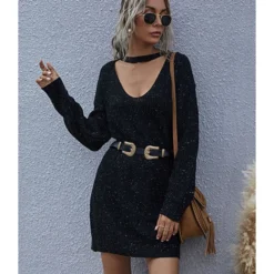 Low Cut Loose Sweater Short Dress 210812797