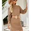 Turtleneck Solid Knitting Sweater Short Dress Without Belt 210826930