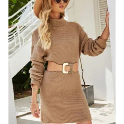 Turtleneck Solid Knitting Sweater Short Dress Without Belt 210826930