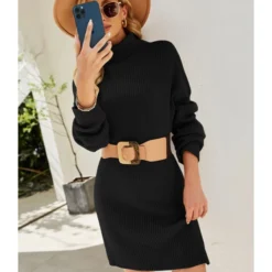Turtleneck Solid Knitting Sweater Short Dress Without Belt 210826930 -Amour Vert shop 210826930 2