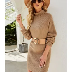 Turtleneck Solid Knitting Sweater Short Dress Without Belt 210826930 -Amour Vert shop 210826930 3