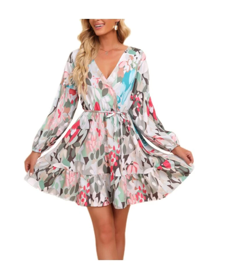 Fashion Floral Sexy V-Neck Lace-Up Dress Long Sleeve Vacation Wholesale Dresses SDN560136 3 Fashion Floral Sexy V-Neck Lace-Up Dress Long Sleeve Vacation Wholesale Dresses SDN560136