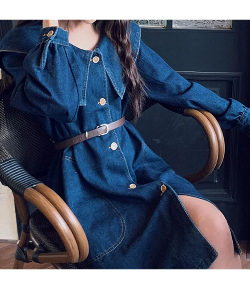 Wholesale Navy Collar Denim Dress With Belt SD181156 5 Wholesale Navy Collar Denim Dress With Belt SD181156 - Image 3